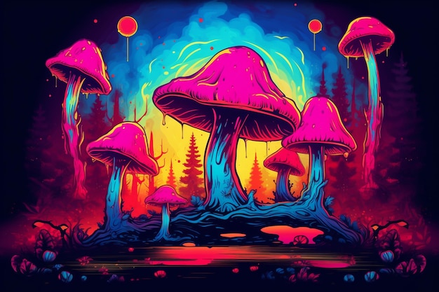 Un arte de hongos de colores brillantes con un bosque en el fondo ai generativo