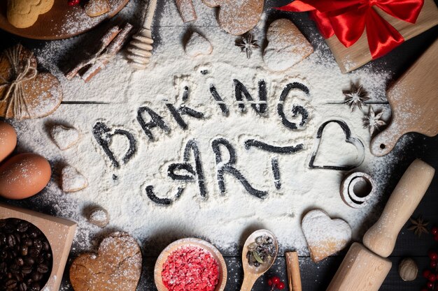 Foto arte de hornear escrito en harina. galletas de jengibre en forma de corazón, especias, granos de café y suministros para hornear sobre fondo de madera negra