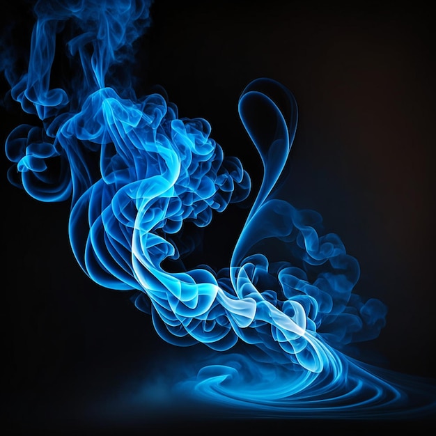 Arte del humo azul brillante moviéndose hacia arriba sobre fondo negro