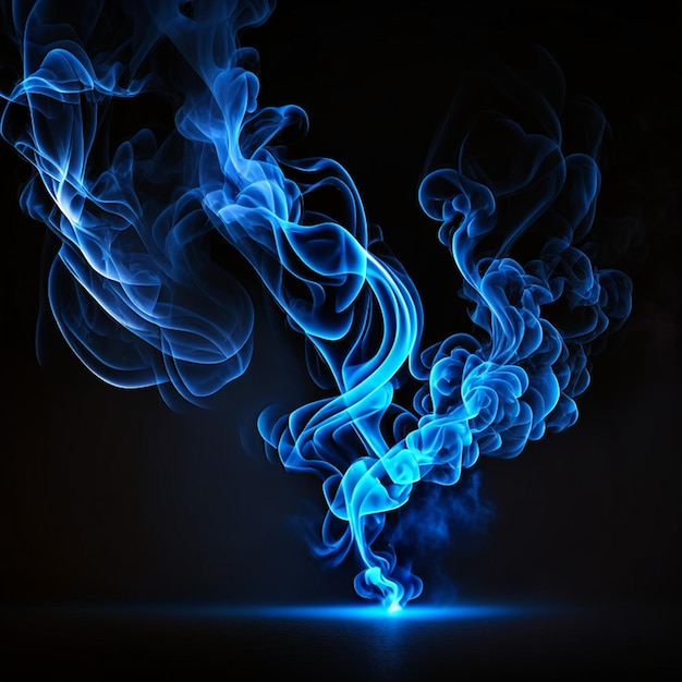 Arte del humo azul brillante moviéndose hacia arriba sobre fondo negro