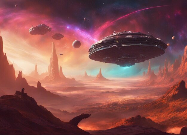 Un arte de ilustración futurista de una escena espacial de ciencia ficción de galaxias