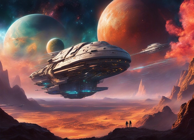 Un arte de ilustración futurista de una escena espacial de ciencia ficción de galaxias