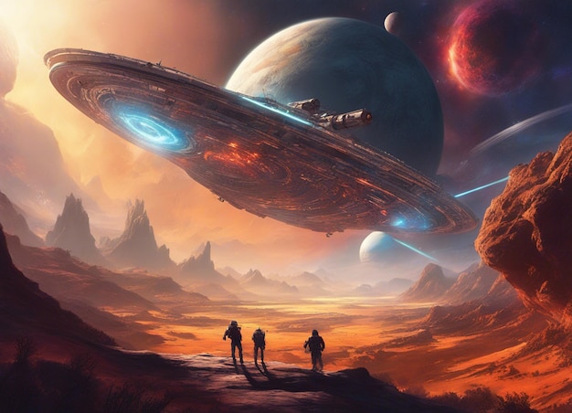 Un arte de ilustración futurista de una escena espacial de ciencia ficción de galaxias