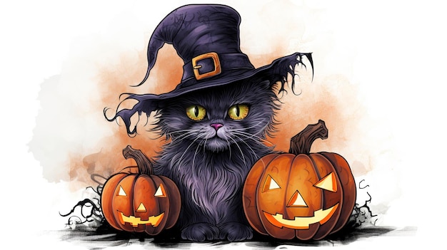 Arte de la ilustración del gato y de la calabaza de Halloween