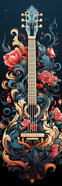 Arte de la ilustración de una hermosa guitarra adornada con forma de calavera.