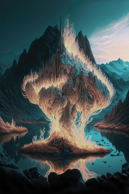 Arte de ilustración de paisaje de montaña de fantasía generado por inteligencia artificial