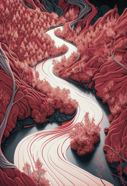 Arte de ilustración de río blanco y bosque rojo generado por inteligencia artificial