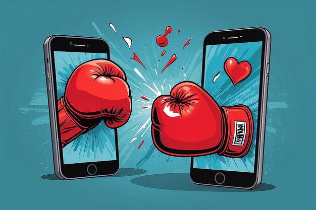 Foto arte ingênua ou ilustração de desenho animado de duas luvas de boxe chocadas saindo de monitores de smartphones conceito para luta de mídia social