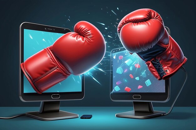 Foto arte ingênua ou ilustração de desenho animado de duas luvas de boxe chocadas saindo de monitores de smartphones conceito para luta de mídia social