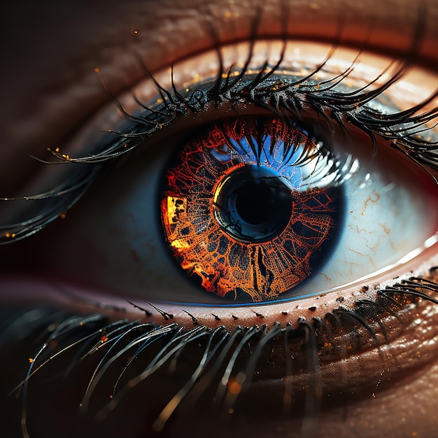 Arte de la inteligencia artificial 3D prestado colorido tecnológico ojo humano primer plano poder estético