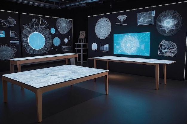 Arte interativa em móveis mapeados por projeção em um laboratório de tecnologia com controles de gestos e modelos de elementos colaborativos