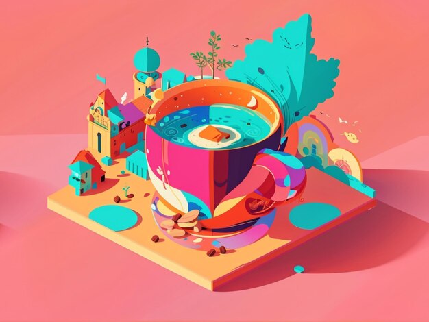 Arte isométrica criativa de uma xícara de café com sabor artístico