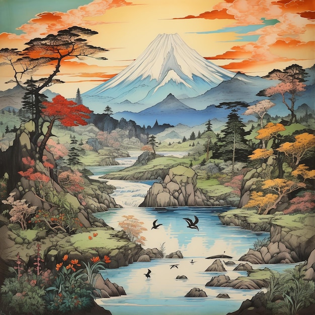 Arte japonés en montaña y río.