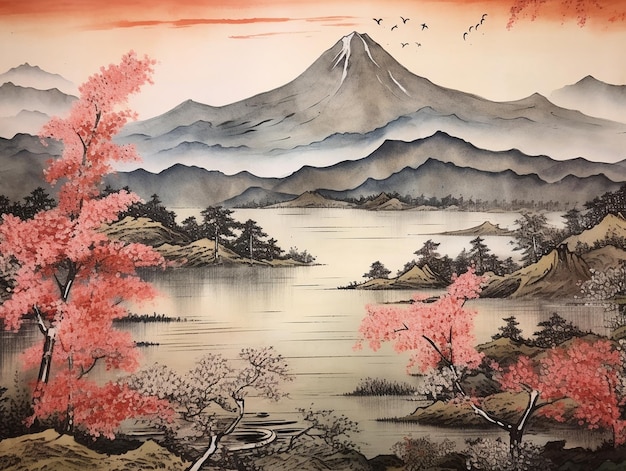 Arte japonés en montaña y río.