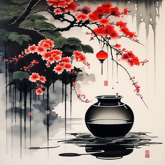 Foto arte japonés de tinta arte de goteo cultura oriental lavado de tinta