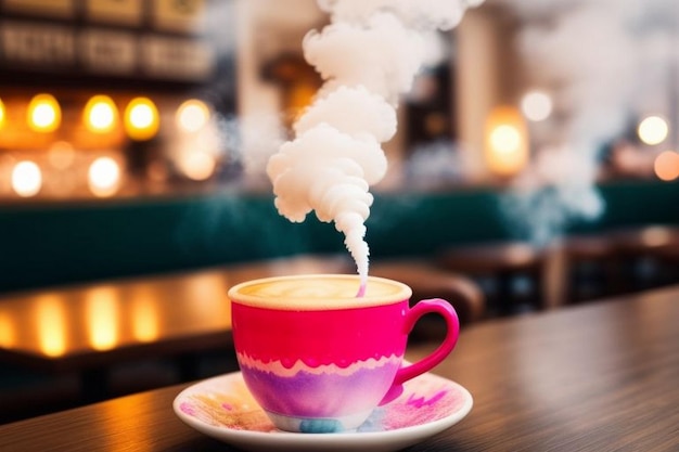 arte latte de acuarela de neón mágico diseño intrincado vapor que se eleva desde la taza