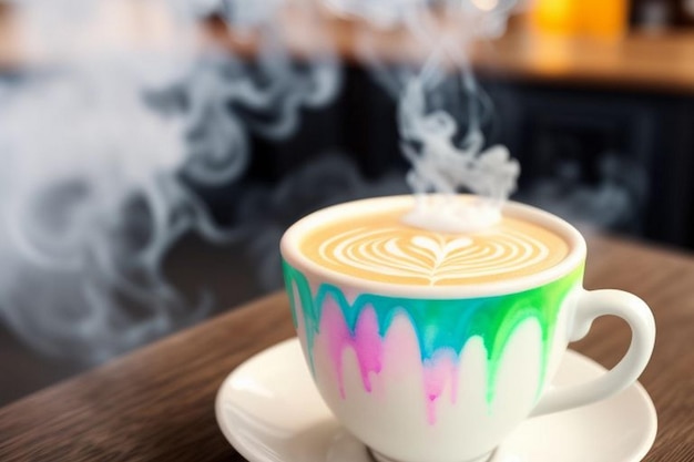 arte latte de acuarela de neón mágico diseño intrincado vapor que se eleva desde la taza