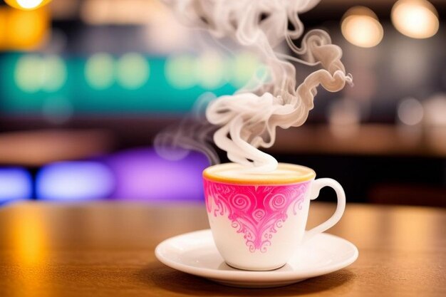 arte latte de acuarela de neón mágico diseño intrincado vapor que se eleva desde la taza