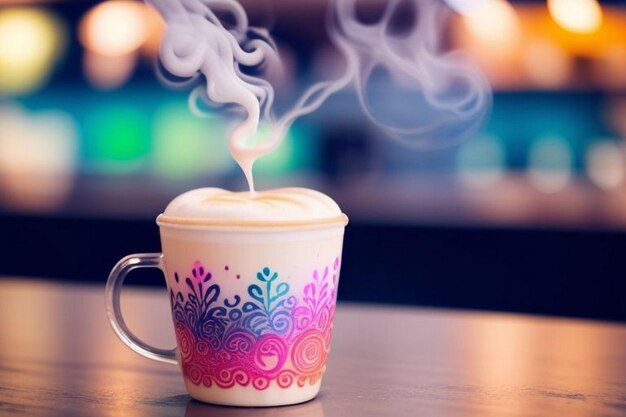 arte latte de acuarela de neón mágico diseño intrincado vapor que se eleva desde la taza