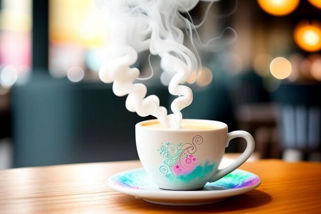 arte latte de acuarela de neón mágico diseño intrincado vapor que se eleva desde la taza