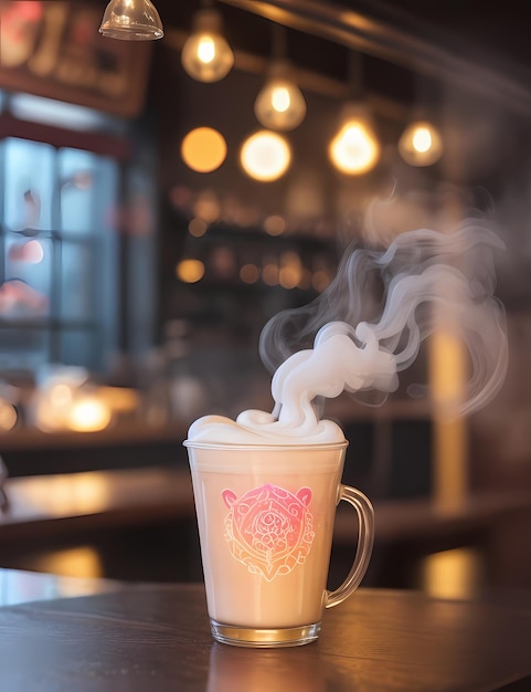 Arte Latte intrincado de Bliss de acuarela de neón con un acogedor fondo de café Bokeh