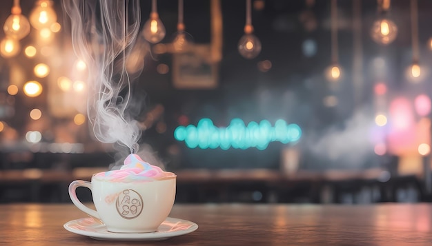 Arte Latte intrincado de Bliss de acuarela de neón con un acogedor fondo de café Bokeh