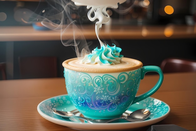 Arte Latte intrincado de Bliss de acuarela de neón con un acogedor fondo de café Bokeh