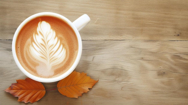 Arte del latte en taza blanca sobre fondo de madera con hojas de otoño