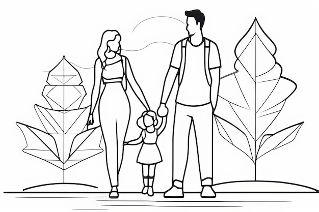 Arte de línea continua Retrato de familia feliz con padres y niña en boceto vectorial