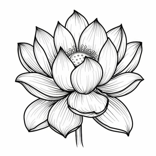 Arte de línea detallado en blanco y negro de una flor de loto en flor haciendo hincapié en la precisión botánica