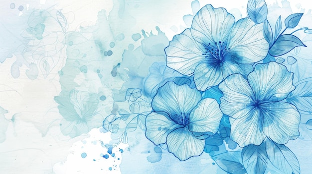 Arte de línea floral azul en fondo de acuarela