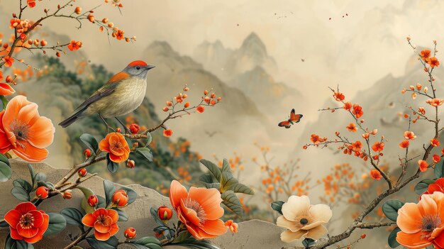 El arte de la línea de flores del follaje boho dibujado con el pájaro y la mariposa es un diseño de arte vegetal abstracto adecuado para portada de impresión o papel tapiz