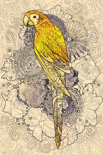 arte de línea de loro con color amarillo en elemento de diseño floral, ilustración