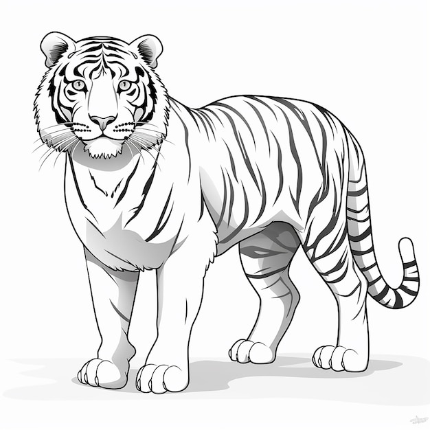 Arte de línea simple en blanco y negro de un tigre para un libro de colorear para niños