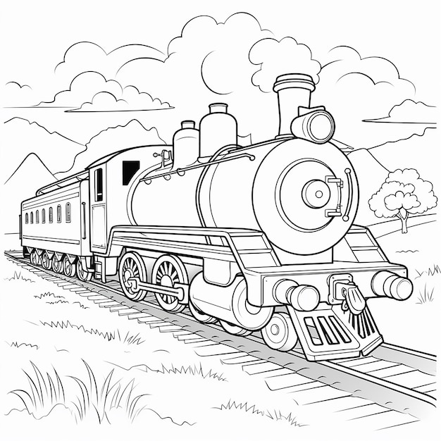 Foto arte de línea simple en blanco y negro de un tren para un libro de colorear para niños