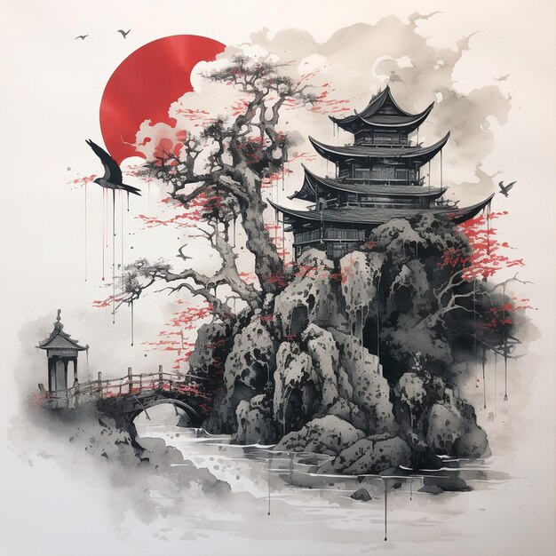 Arte de la línea de tinta tradicional china pintura de tinta angelus pintura de cuero noche estrellada