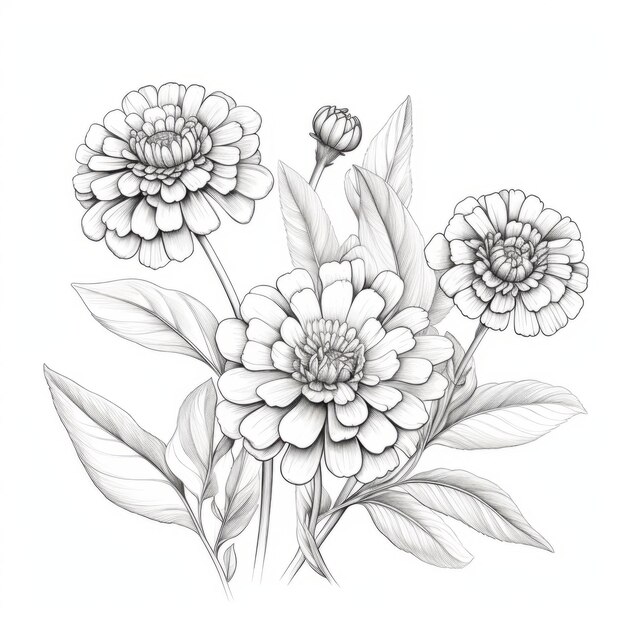 Arte lineal detallado de Zinnia con flores silvestres en blanco y negro