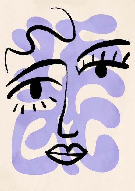 Arte lineal pintado Tinta negra Rostro de mujer Retrato humano Ilustración Labios Ojos Rostro Dibujo