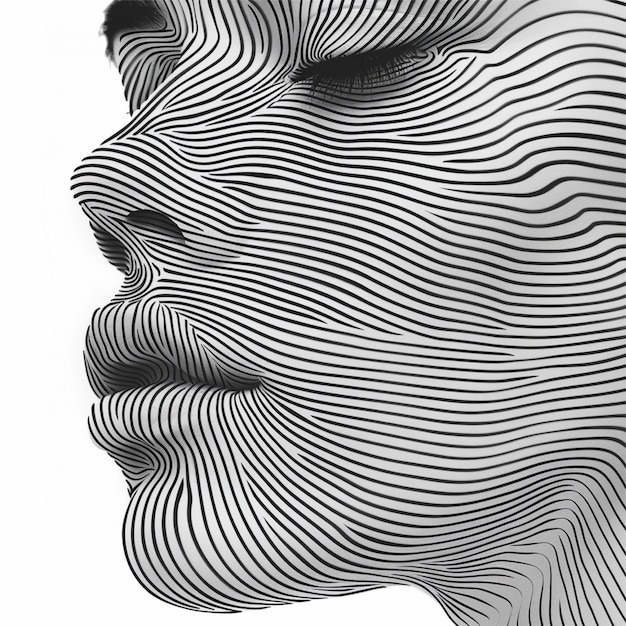 Arte de líneas arte abstracto arreglo de líneas negras para formar un retrato de primer plano fondo blanco puro
