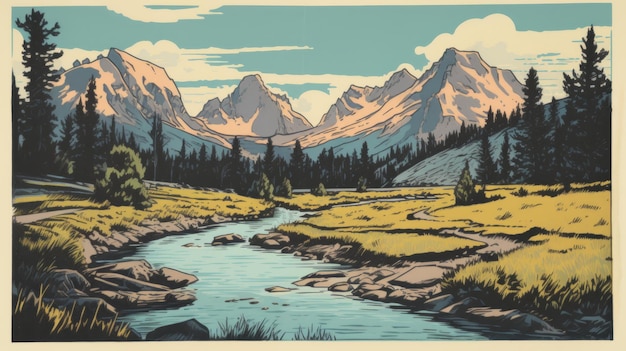 Arte litográfico audaz inspirado en las montañas de Montana y el estilo Whistlerian