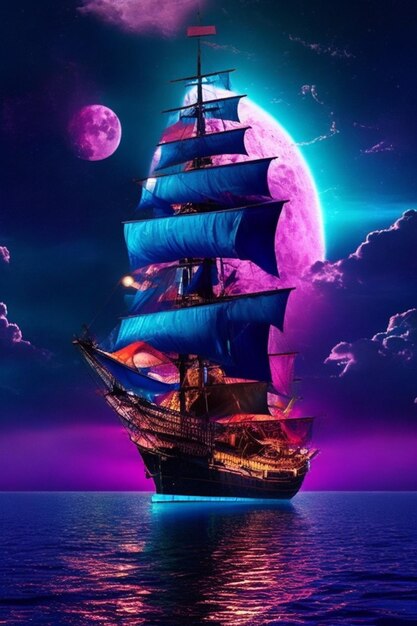 Foto arte de luz de neón en la oscuridad de la noche un barco alto navega a través de mares iluminados por la luna nubes estrellas de la luna
