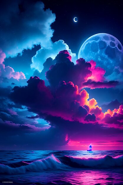 arte de luz de neón en la oscuridad de la noche mares iluminados por la luna nubes luna estrellas colorido detallado 4k