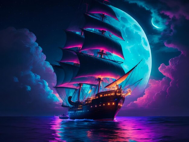 arte de luz de neón en la oscuridad de la noche un velero