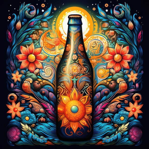 Arte de mandala de botella colorida en fondo negro Impresión de diseño para camiseta taza almohada pegatina caja emblema tatuaje y rompecabezas