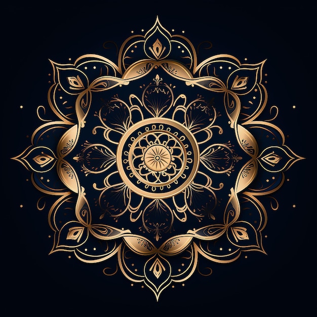 Foto arte mandala un diseño dorado adornado sobre un fondo negro en la pocilga