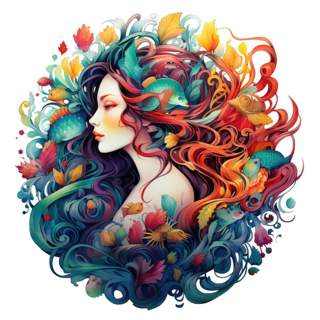 Arte de mandala de sirena colorida sobre fondo blanco Impresión de diseño para camiseta taza almohada pegatina caja emblema tatuaje bordado y rompecabezas