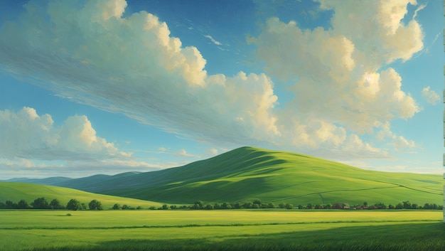 Arte mate de pintura de campo verde y cielo azul de RHADS