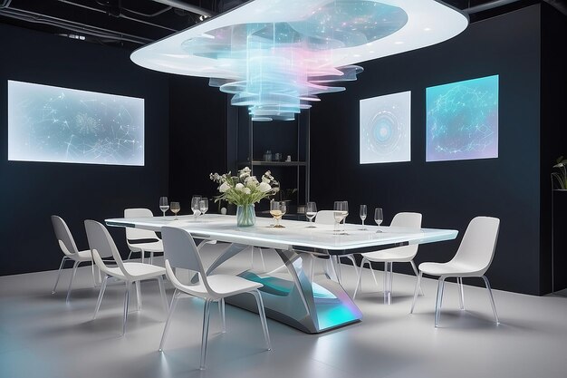 Foto arte en una mesa de comedor holográfica con elementos interactivos y configuraciones de mesa dinámicas maqueta con espacio blanco en blanco para colocar su diseño