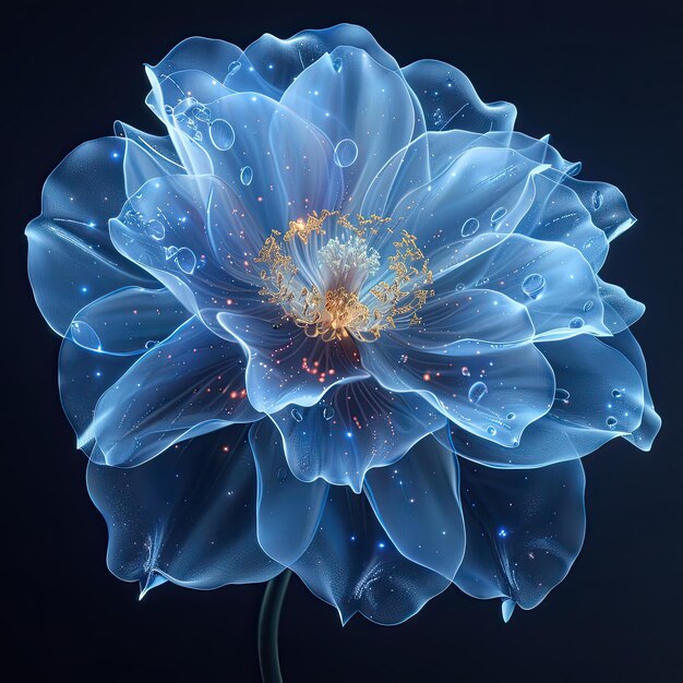 Foto arte de mi ai a hermosa flor azul vector pétalos claros iridescentes colores opalescentes fondo oscuro