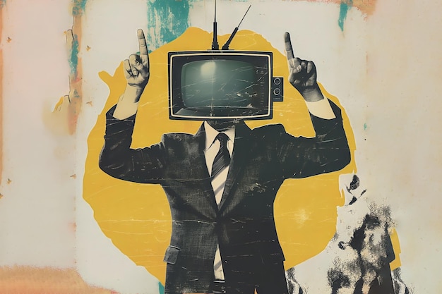 Foto arte minimalista contemporáneo retro tv empresario señalando con los dedos hacia arriba concepto de propaganda de noticias
